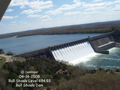 Bull Shoals Lake Dam at the highest level on record - 964.93' on April 14, 2008 - Photo by Alfred Denninger, Fishing Guide